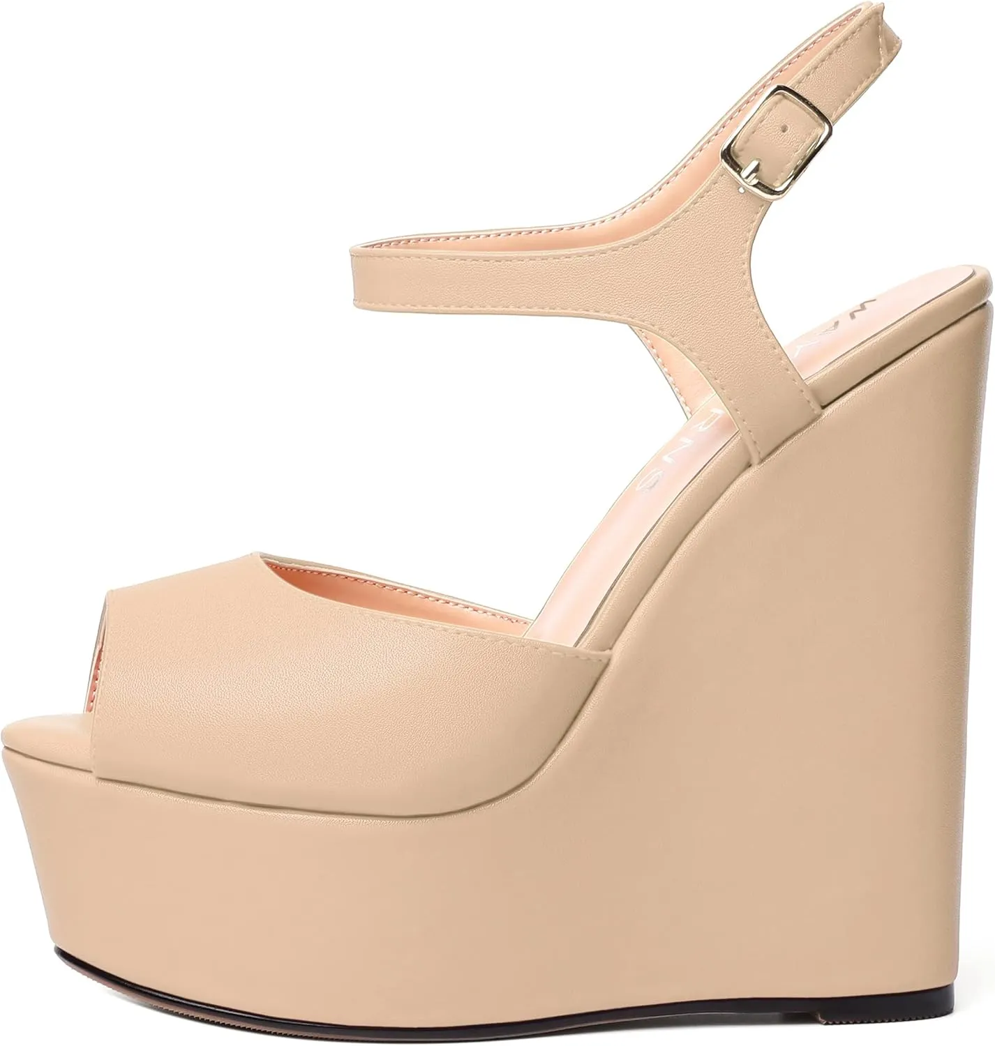 WAYDERNS Womens Solid Slingback Ankle Strap Matte Fashion Buckle Evening Peep Toe Platform Wedge High Heel Pumps Shoes 6 Inch