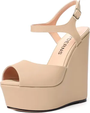 WAYDERNS Womens Solid Slingback Ankle Strap Matte Fashion Buckle Evening Peep Toe Platform Wedge High Heel Pumps Shoes 6 Inch