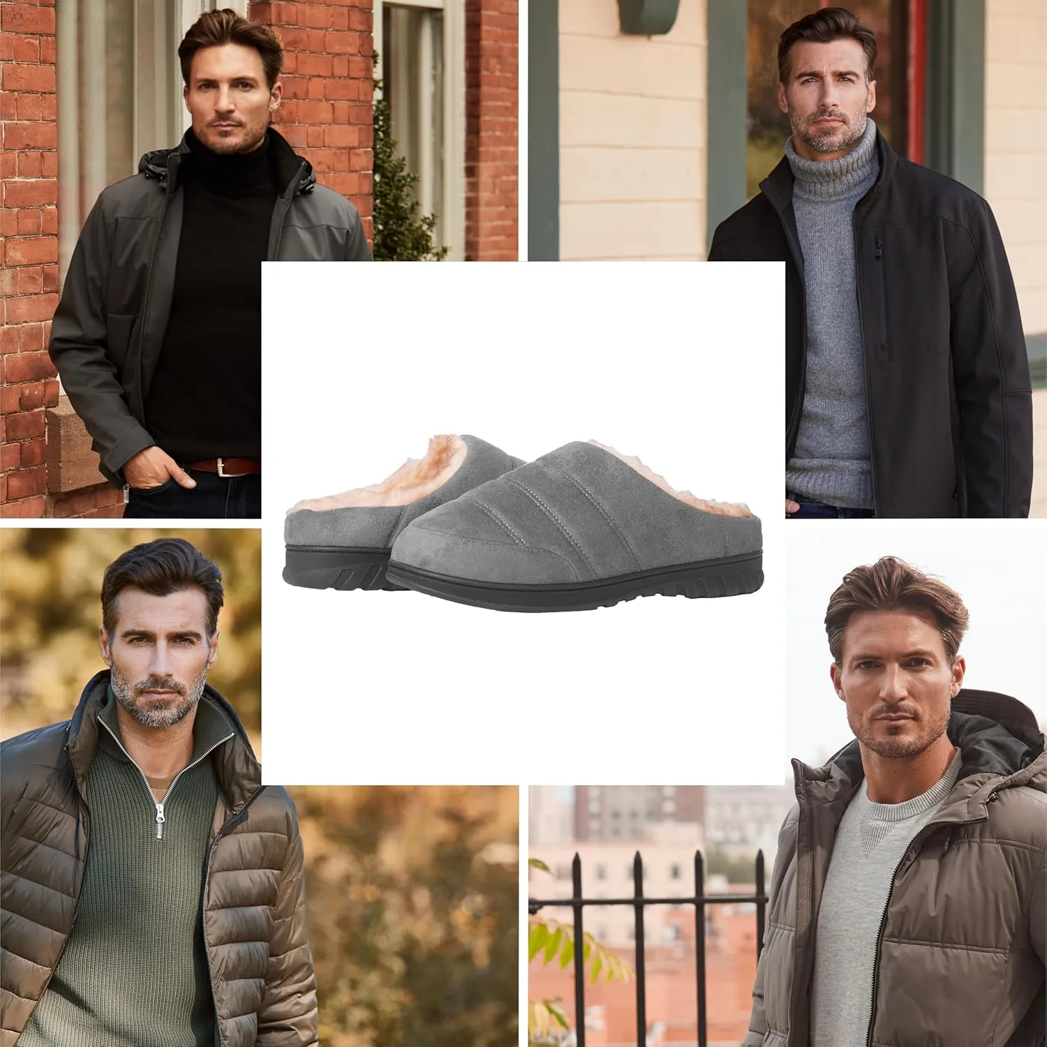 Weatherproof Microsuede Puffer Clog Memory Foam Slippers for Men, Cozy Lightweight Indoor Outdoor Slippers with Faux Shearling Sock