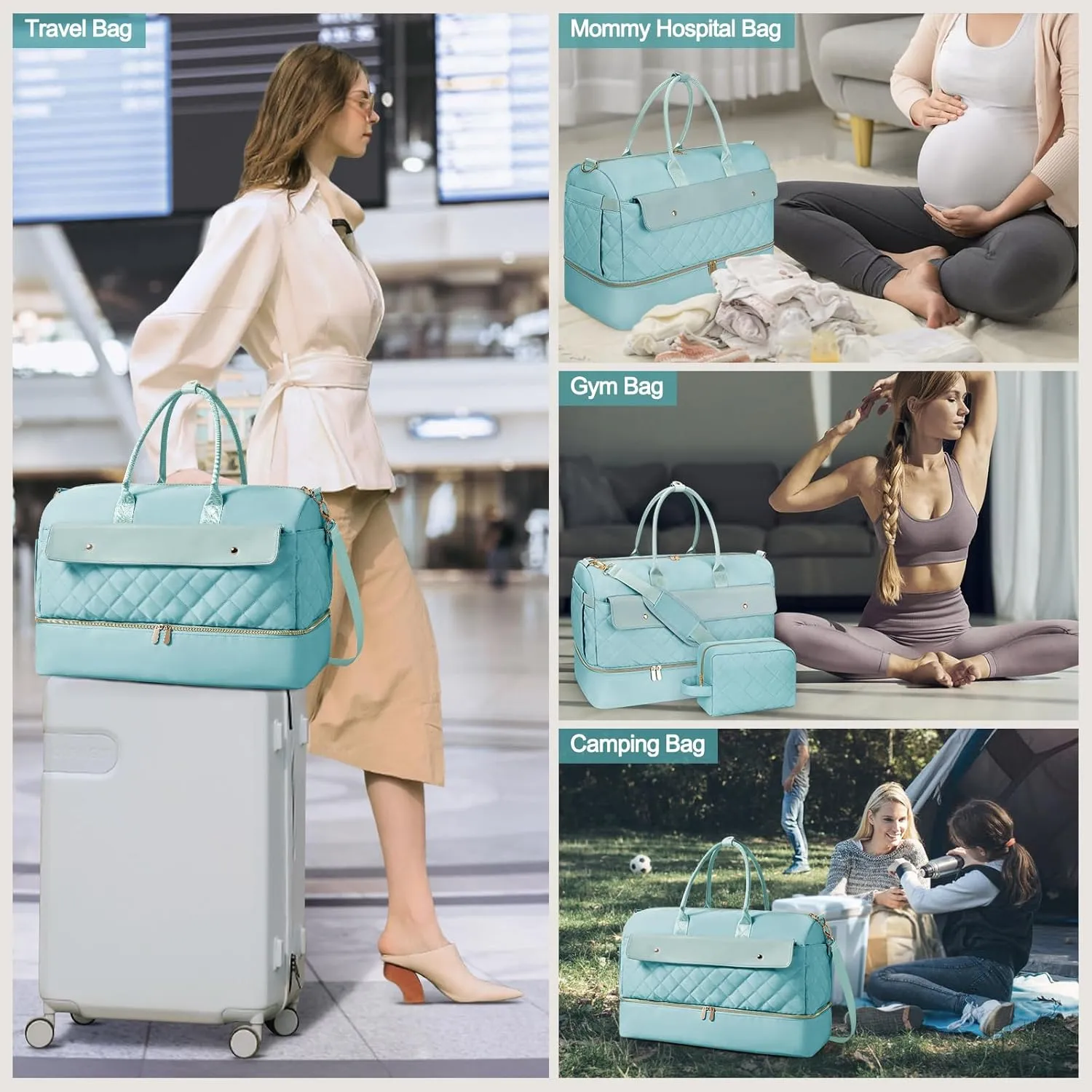 Wedama Travel Duffel Bag, Large Weekender Bag for Women with Shoe Compartment, Carry on Overnight Bag with Toiletry Makeup Bag, Gym Duffel Bag Travel Tote Bag for Travel Gym Camping Hospital, Blue