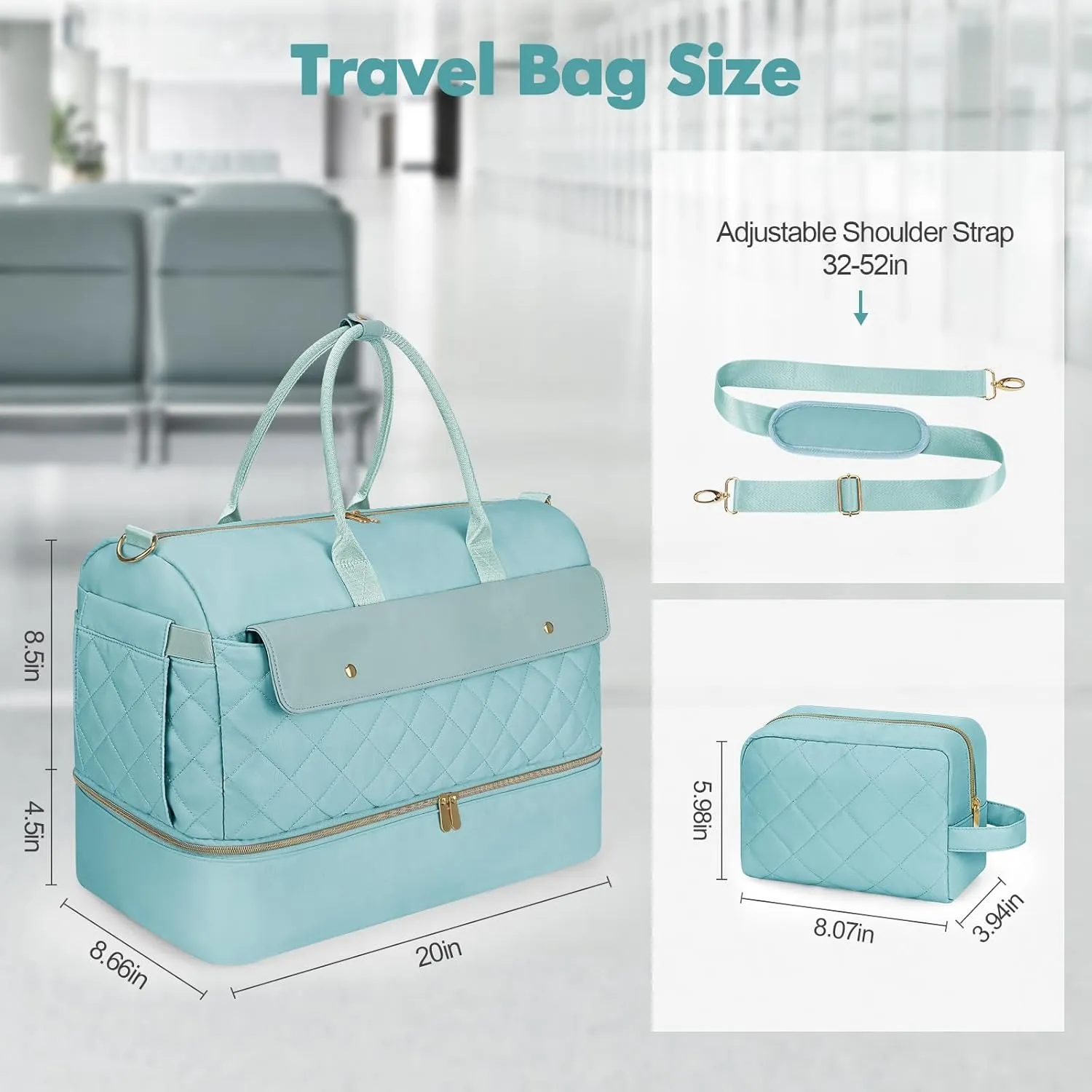 Wedama Travel Duffel Bag, Large Weekender Bag for Women with Shoe Compartment, Carry on Overnight Bag with Toiletry Makeup Bag, Gym Duffel Bag Travel Tote Bag for Travel Gym Camping Hospital, Blue