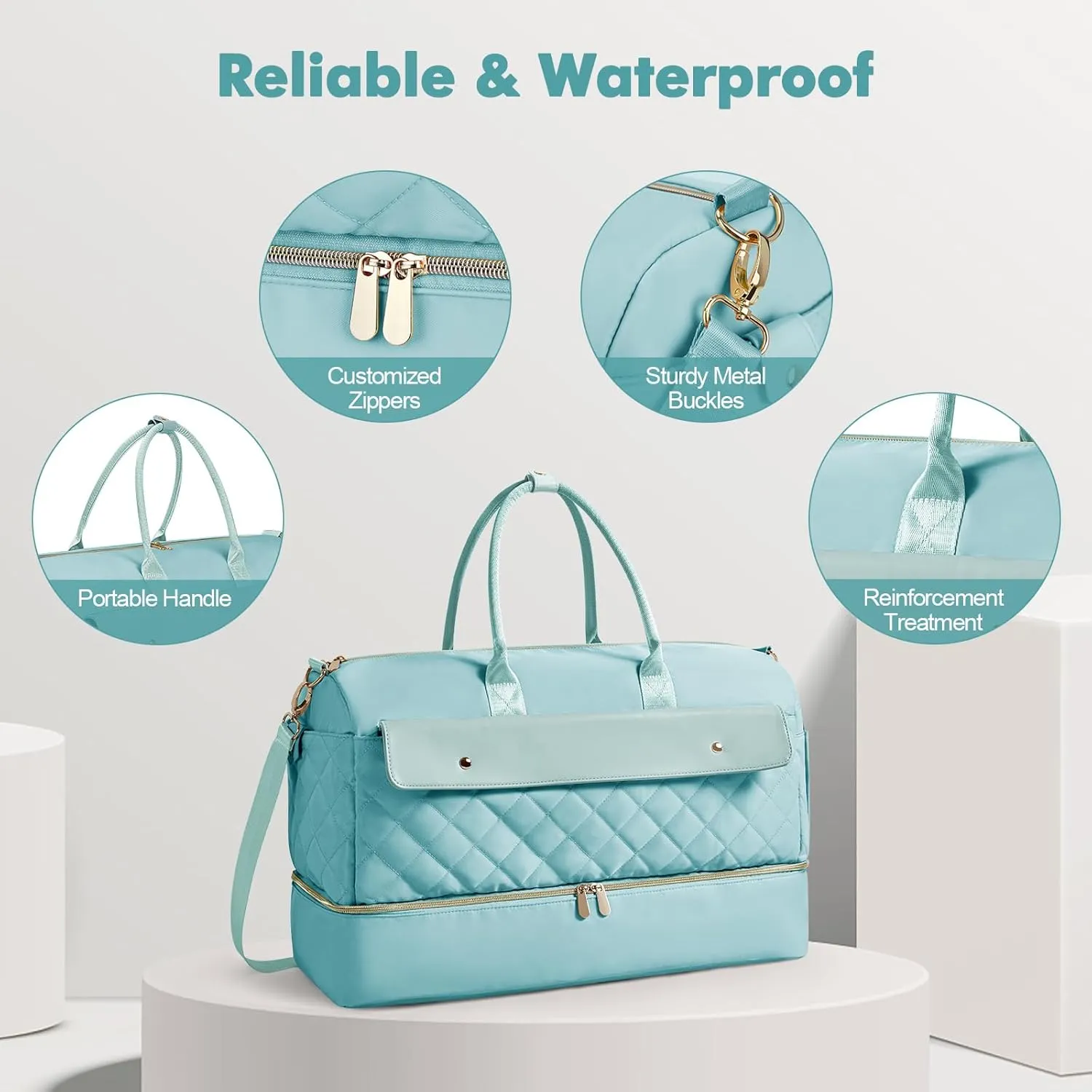 Wedama Travel Duffel Bag, Large Weekender Bag for Women with Shoe Compartment, Carry on Overnight Bag with Toiletry Makeup Bag, Gym Duffel Bag Travel Tote Bag for Travel Gym Camping Hospital, Blue