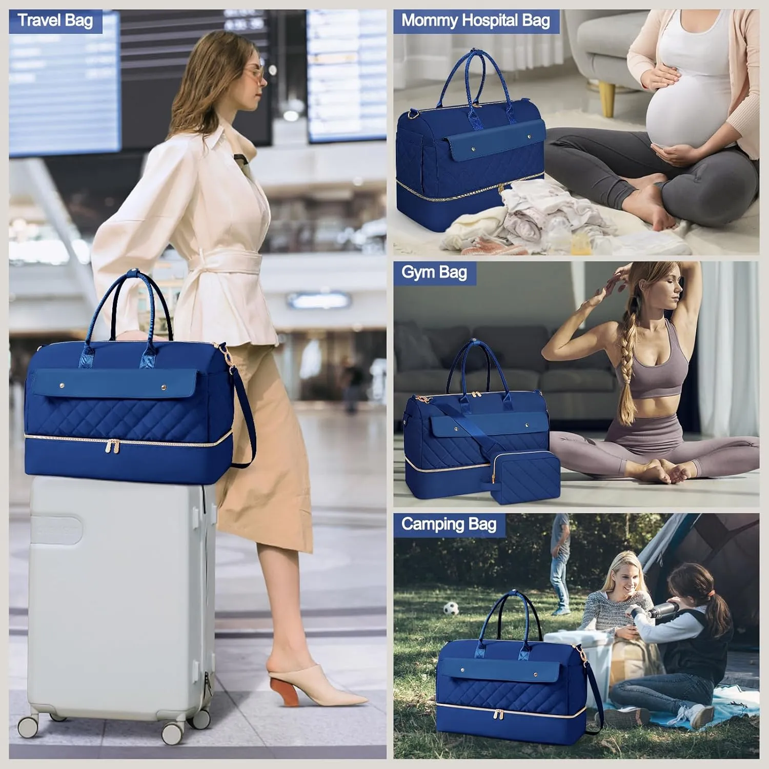 Wedama Weekender Bags for Women, Large Travel Duffel Bag with Shoe Compartment, Carry on Overnight Bag with Toiletry Makeup Bag, Gym Duffel Bag for Travel Gym Camping Hospital, Dark Blue