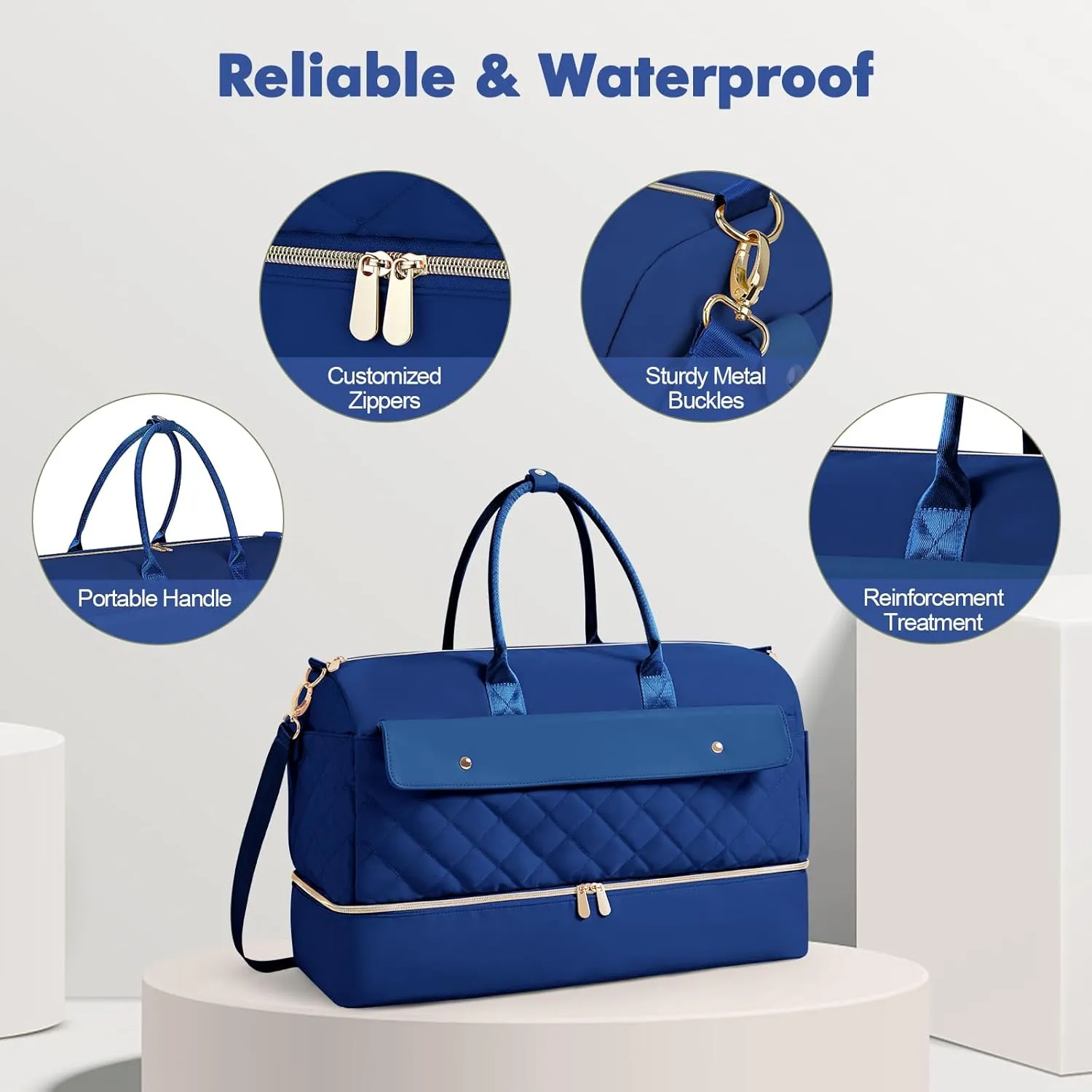 Wedama Weekender Bags for Women, Large Travel Duffel Bag with Shoe Compartment, Carry on Overnight Bag with Toiletry Makeup Bag, Gym Duffel Bag for Travel Gym Camping Hospital, Dark Blue