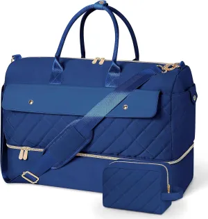 Wedama Weekender Bags for Women, Large Travel Duffel Bag with Shoe Compartment, Carry on Overnight Bag with Toiletry Makeup Bag, Gym Duffel Bag for Travel Gym Camping Hospital, Dark Blue