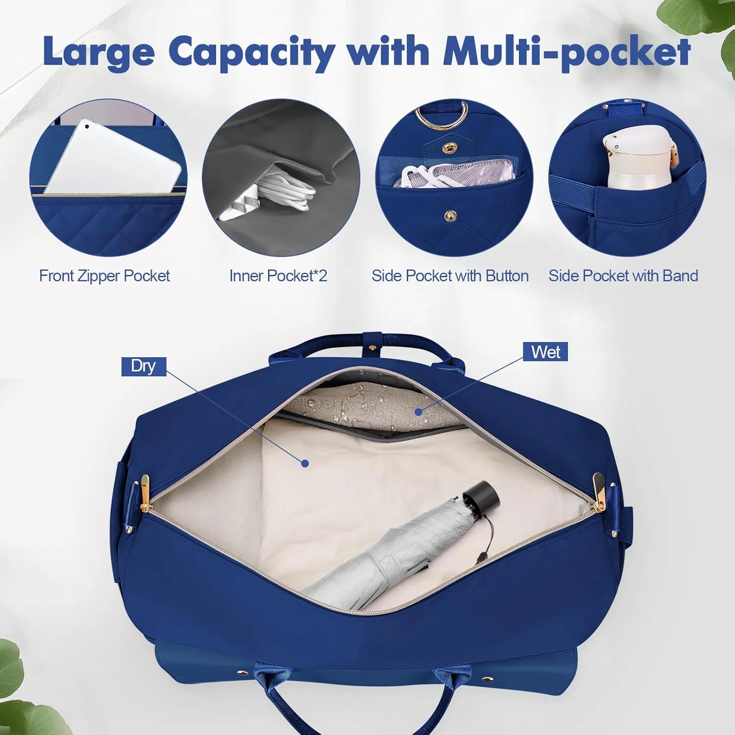 Wedama Weekender Bags for Women, Large Travel Duffel Bag with Shoe Compartment, Carry on Overnight Bag with Toiletry Makeup Bag, Gym Duffel Bag for Travel Gym Camping Hospital, Dark Blue