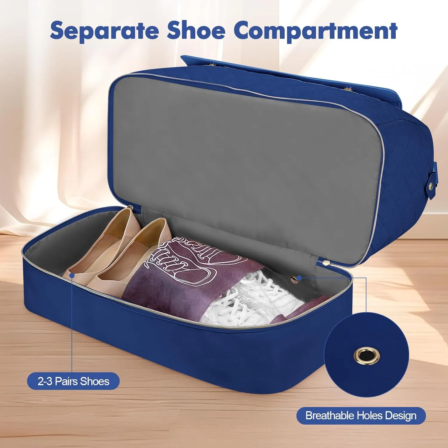 Wedama Weekender Bags for Women, Large Travel Duffel Bag with Shoe Compartment, Carry on Overnight Bag with Toiletry Makeup Bag, Gym Duffel Bag for Travel Gym Camping Hospital, Dark Blue