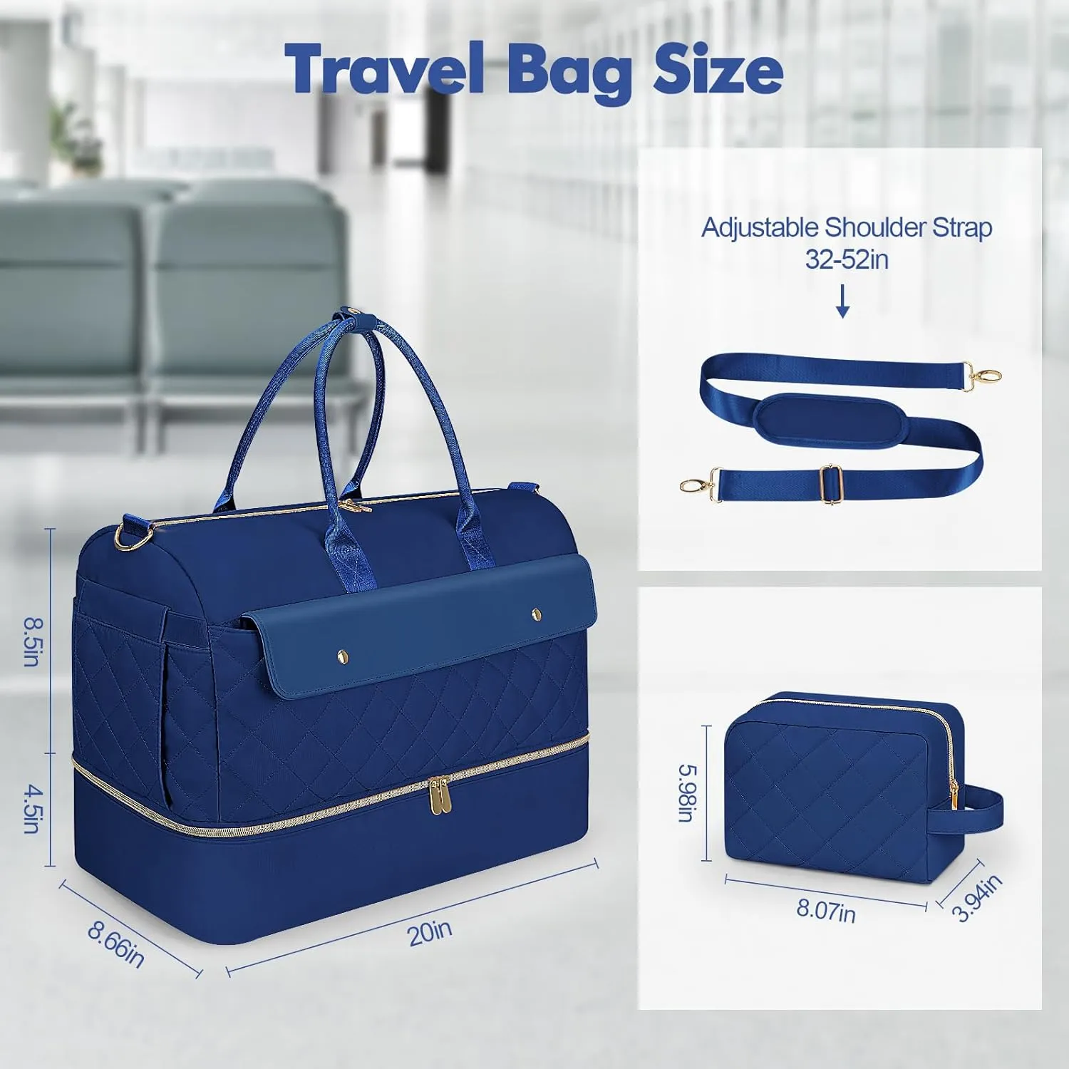 Wedama Weekender Bags for Women, Large Travel Duffel Bag with Shoe Compartment, Carry on Overnight Bag with Toiletry Makeup Bag, Gym Duffel Bag for Travel Gym Camping Hospital, Dark Blue