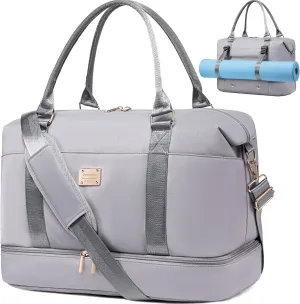 Weiatas Travel Duffel - Weekender Overnight Bag for Women, Sport Gym Carry On Tote with Shoe Compartment, Wet Pocket, Luggage Strap & Yoga Mat Strap (Grey)