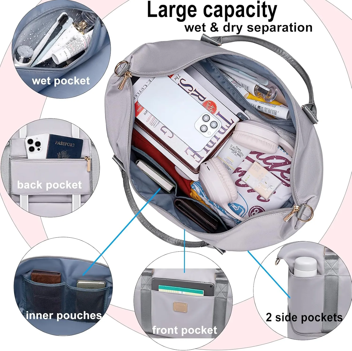 Weiatas Travel Duffel - Weekender Overnight Bag for Women, Sport Gym Carry On Tote with Shoe Compartment, Wet Pocket, Luggage Strap & Yoga Mat Strap (Grey)