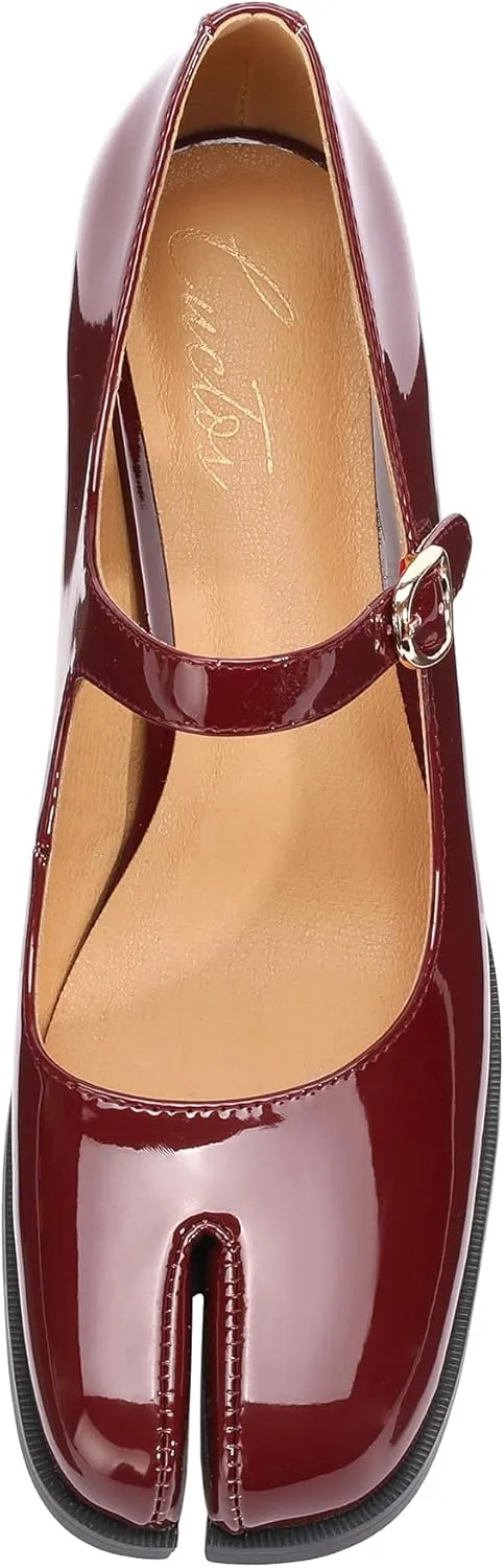 Women Chunky Block High Heels Mary Janes Shoes Split Toe Tabi Shoes Ankle Strap Dress Pumps Shoes