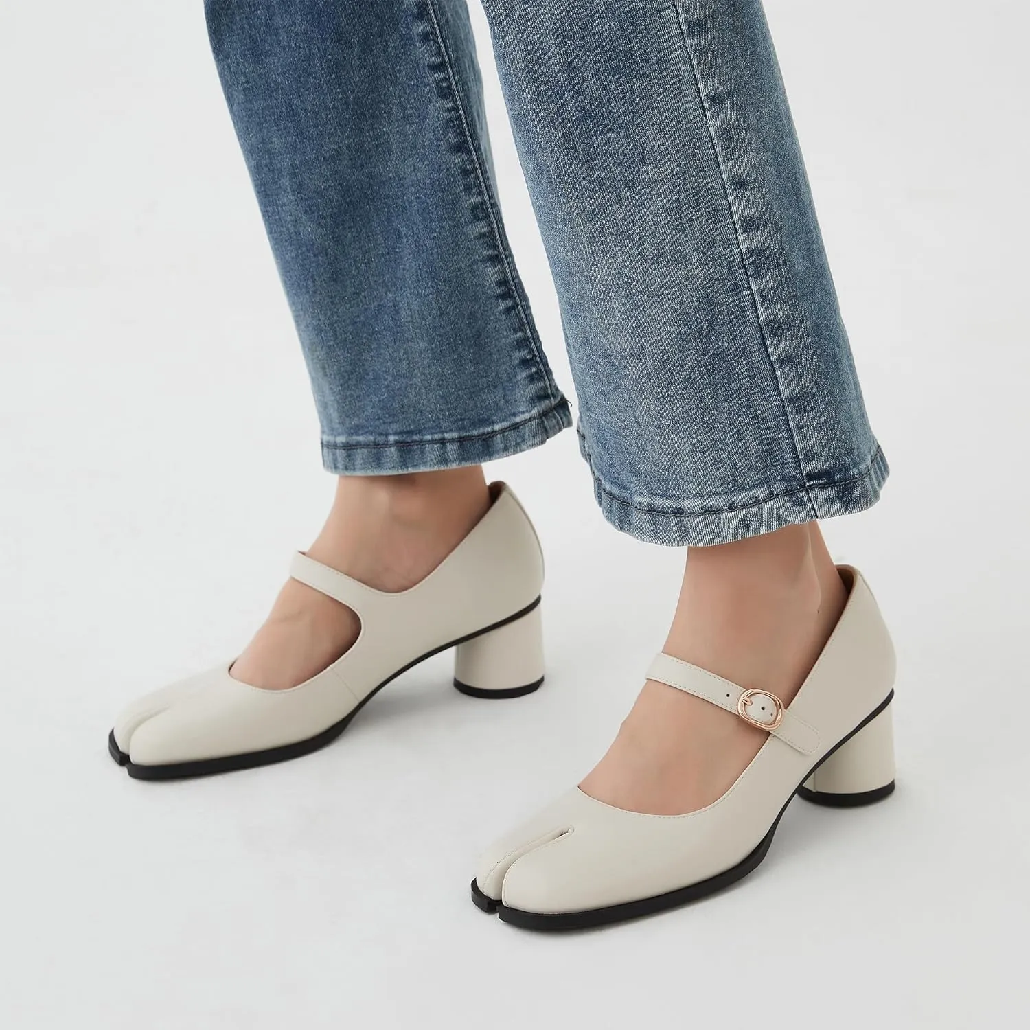 Women Chunky Block High Heels Mary Janes Shoes Split Toe Tabi Shoes Ankle Strap Dress Pumps Shoes