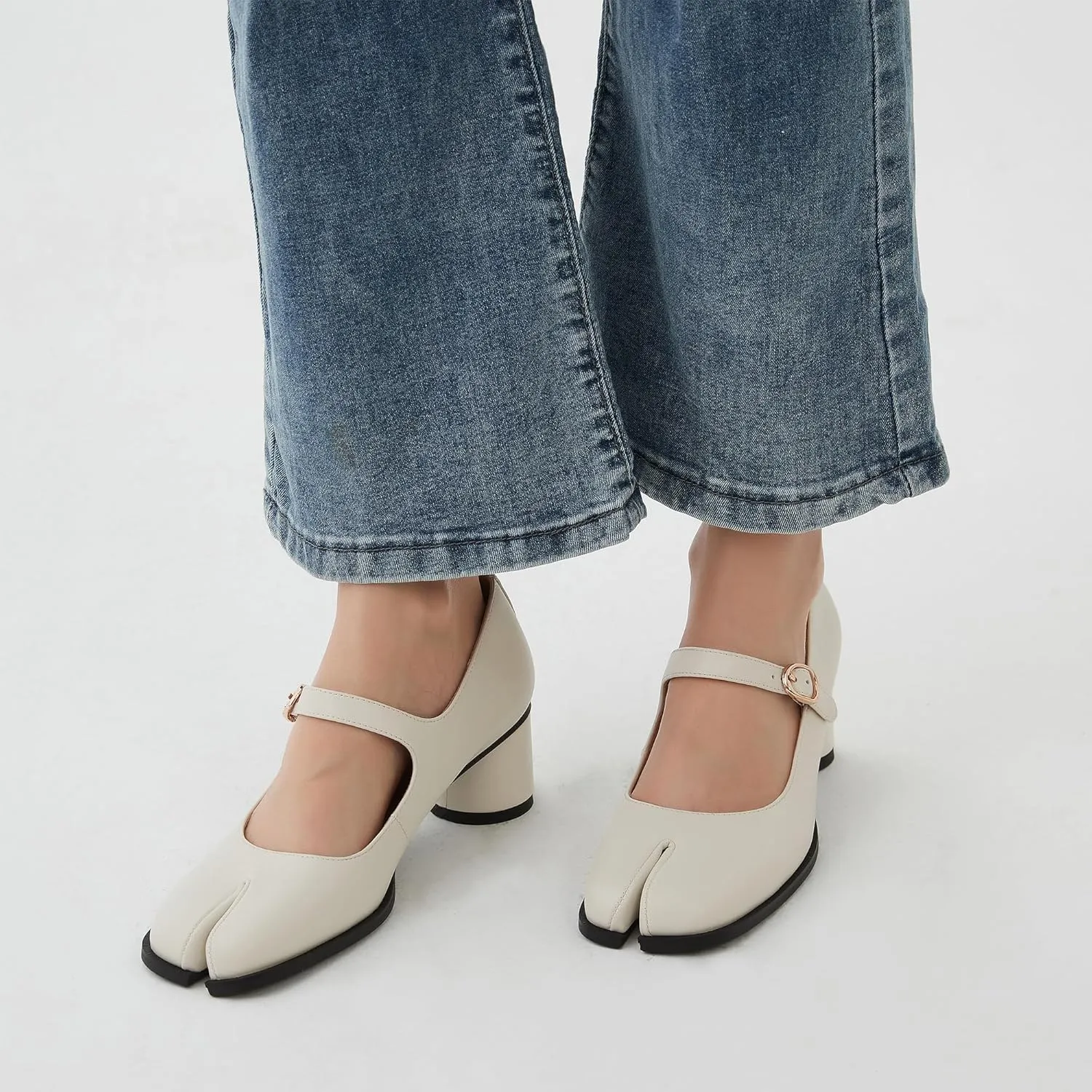 Women Chunky Block High Heels Mary Janes Shoes Split Toe Tabi Shoes Ankle Strap Dress Pumps Shoes