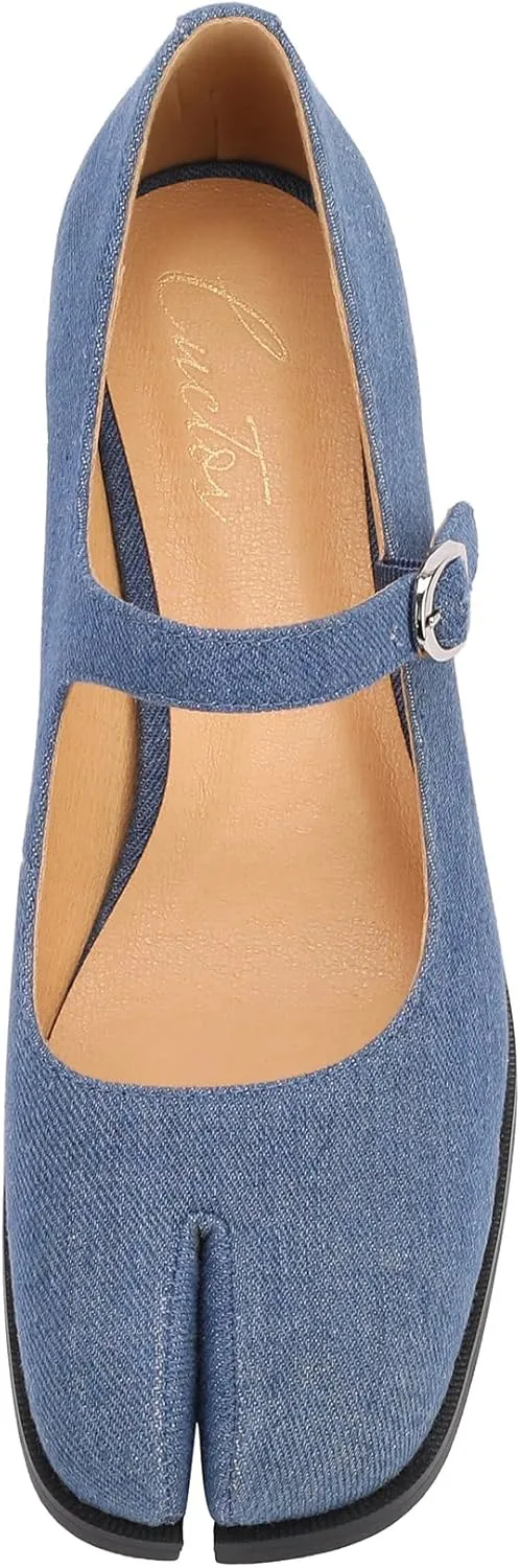 Women Chunky Block High Heels Mary Janes Shoes Split Toe Tabi Shoes Ankle Strap Dress Pumps Shoes
