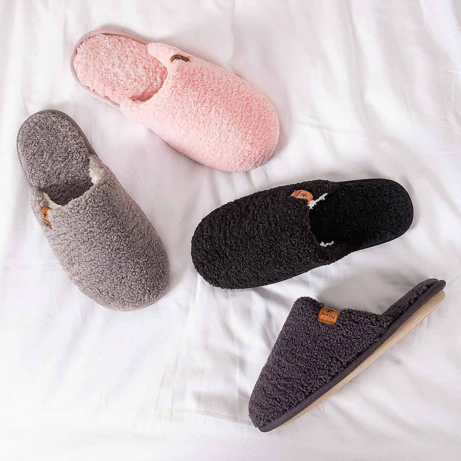 Women Cozy Faux Curly Fur House Memory foam Slippers Ladies Fuzzy Closed Back Indoor Bedroom Shoes