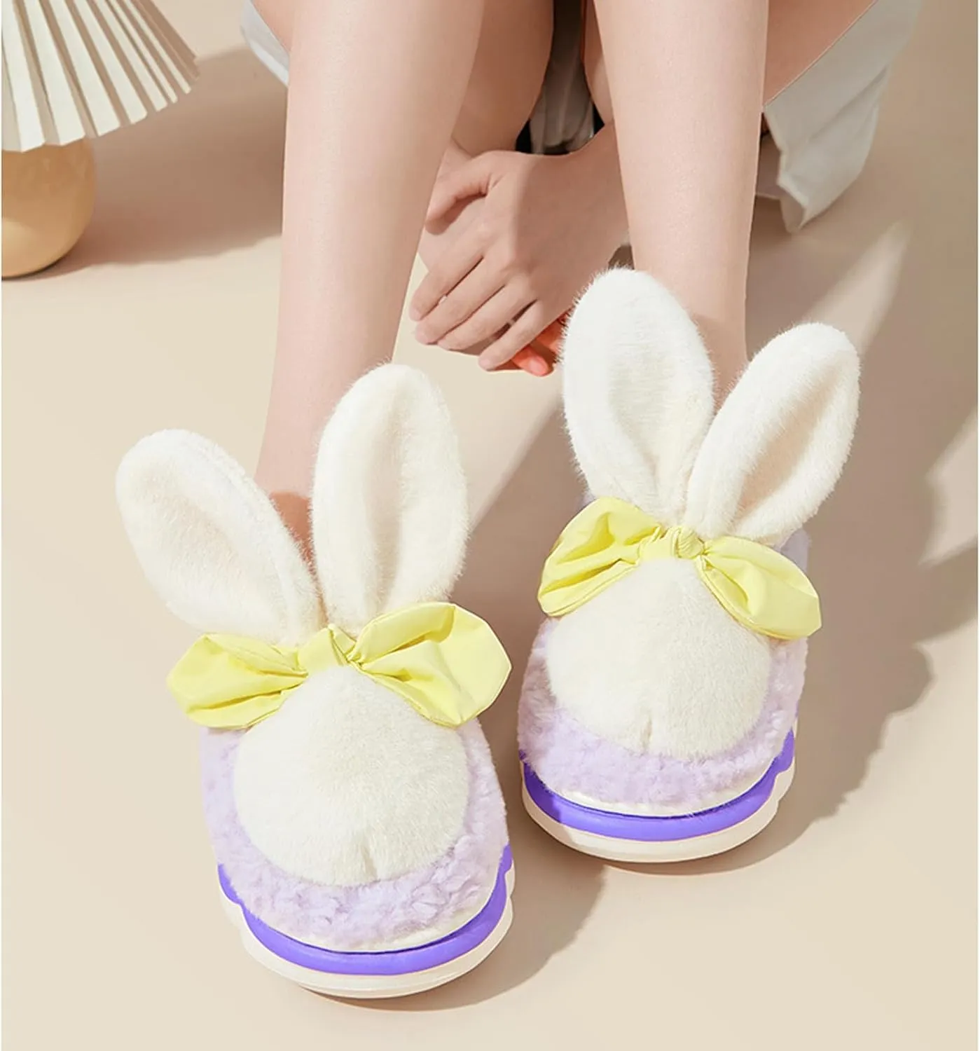 Women Cute Rabbit Ear Plush Slippers Funny Animal Slippers Winter Warm Cozy Cotton Home Slippers Soft Fleece Non-Slip Fluffy Girls Indoor Shoes