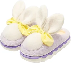 Women Cute Rabbit Ear Plush Slippers Funny Animal Slippers Winter Warm Cozy Cotton Home Slippers Soft Fleece Non-Slip Fluffy Girls Indoor Shoes