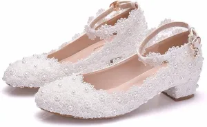 Women Lace Bridal Low Heel Shoes Pearl Floral Lace Ankle Strap Chunky Comfortable Round Closed Toe for Dress Wedding Prom Party