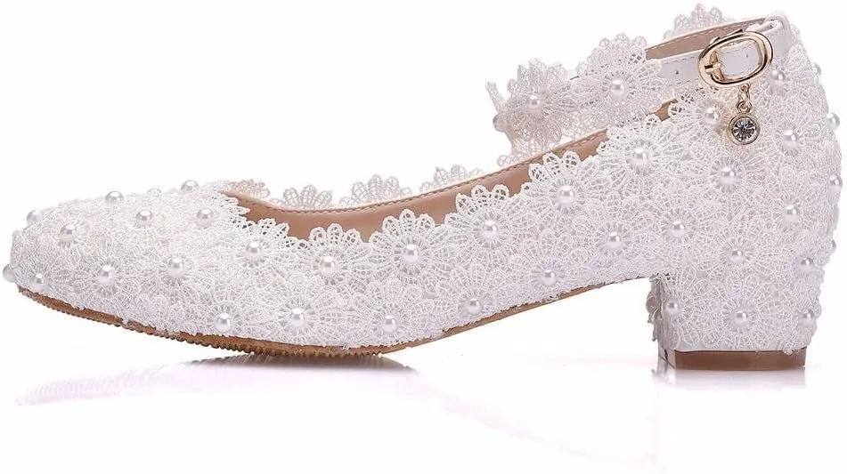 Women Lace Bridal Low Heel Shoes Pearl Floral Lace Ankle Strap Chunky Comfortable Round Closed Toe for Dress Wedding Prom Party