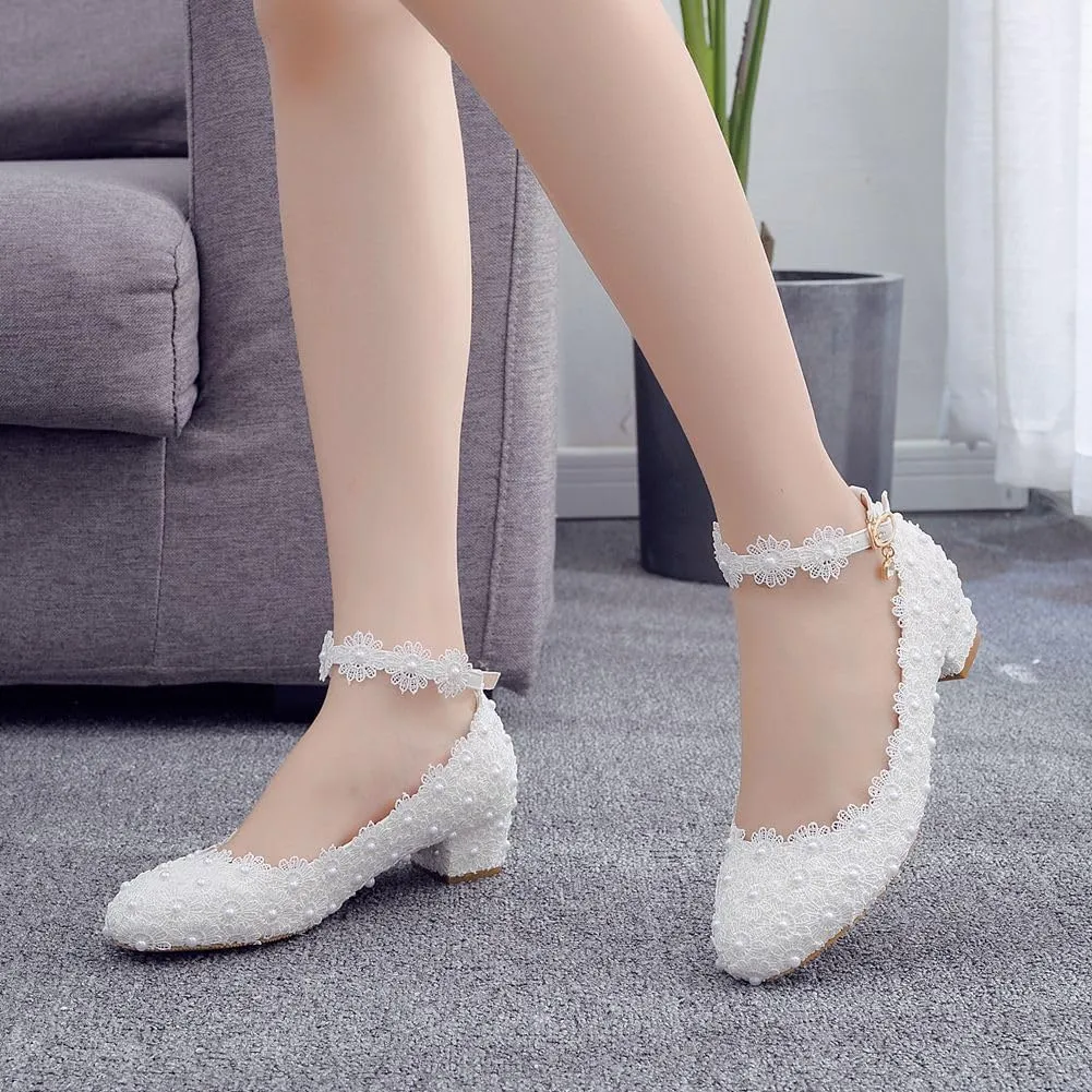 Women Lace Bridal Low Heel Shoes Pearl Floral Lace Ankle Strap Chunky Comfortable Round Closed Toe for Dress Wedding Prom Party
