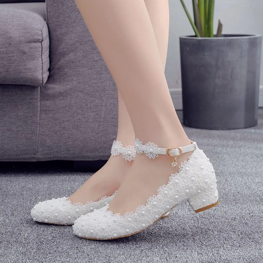 Women Lace Bridal Low Heel Shoes Pearl Floral Lace Ankle Strap Chunky Comfortable Round Closed Toe for Dress Wedding Prom Party