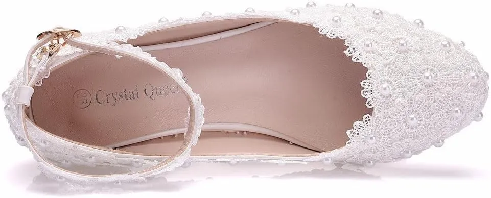 Women Lace Bridal Low Heel Shoes Pearl Floral Lace Ankle Strap Chunky Comfortable Round Closed Toe for Dress Wedding Prom Party