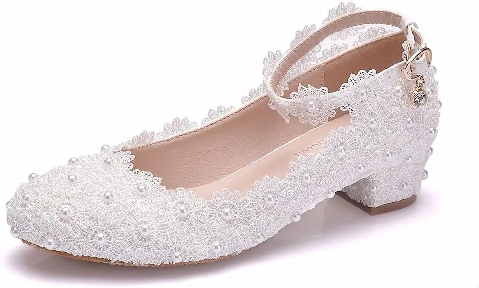Women Lace Bridal Low Heel Shoes Pearl Floral Lace Ankle Strap Chunky Comfortable Round Closed Toe for Dress Wedding Prom Party