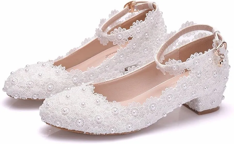 Women Lace Bridal Low Heel Shoes Pearl Floral Lace Ankle Strap Chunky Comfortable Round Closed Toe for Dress Wedding Prom Party