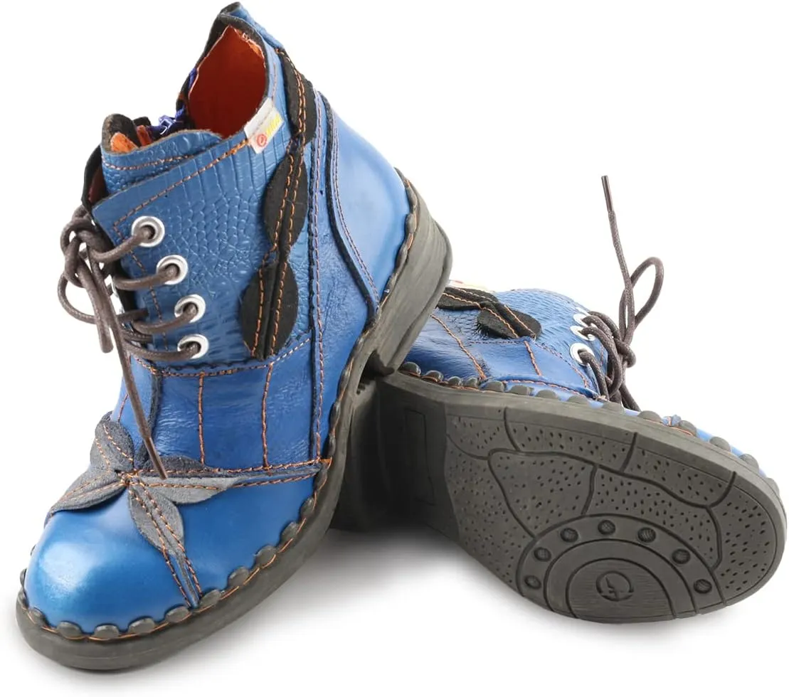 Women Shoes Patchwork Washed Leather Shoes Lace-up Women's Ankle Boots