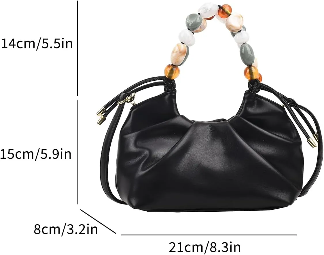 Women Top Handle with Colorful Beads Handbag Classic Soft Vegan Leather with Detachable Shoulder Strap Small