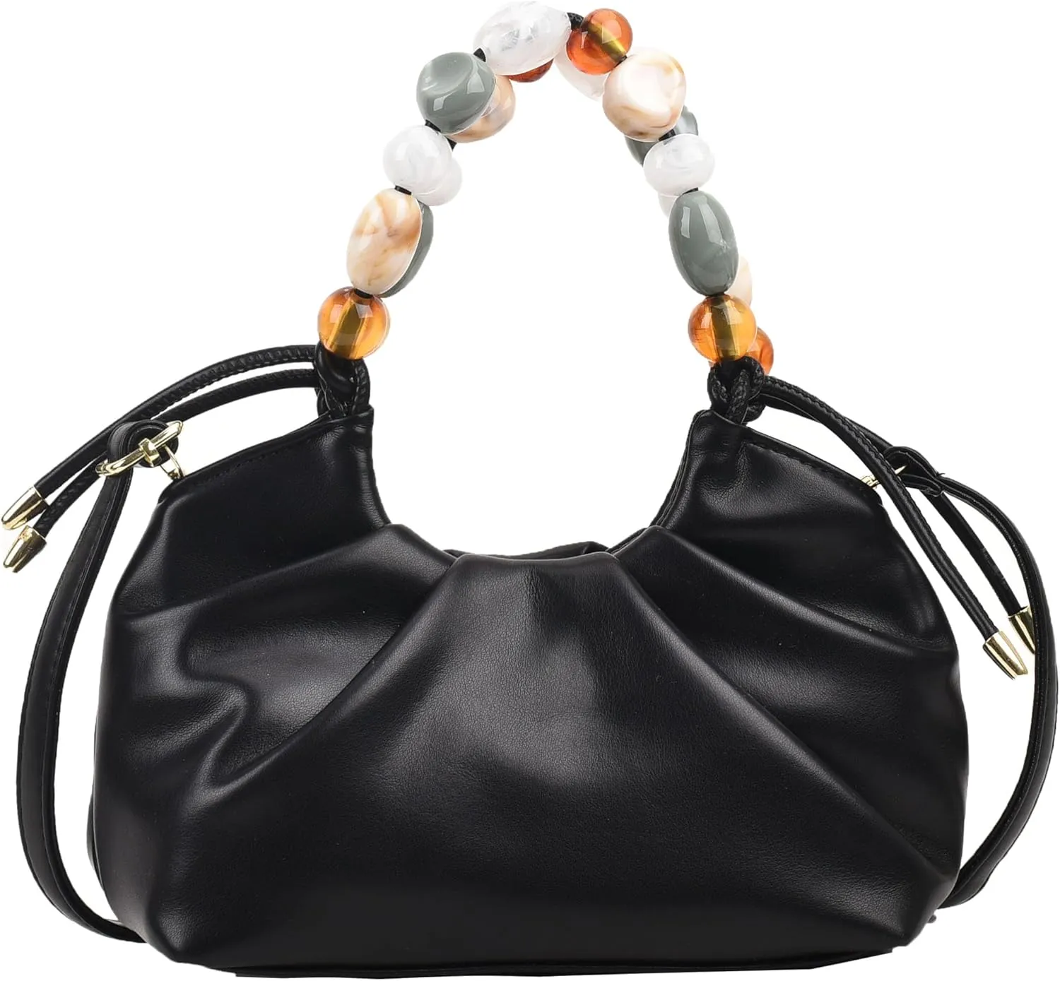 Women Top Handle with Colorful Beads Handbag Classic Soft Vegan Leather with Detachable Shoulder Strap Small