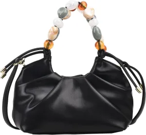 Women Top Handle with Colorful Beads Handbag Classic Soft Vegan Leather with Detachable Shoulder Strap Small