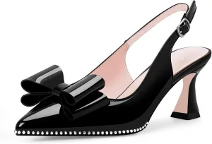 Women's Bow Slingback Kitten Heels Closed Pointed Toe Pumps Dress Shoes