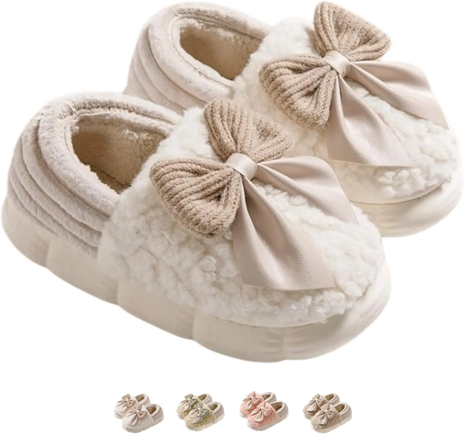 Women's Bow Slippers Cute House Slippers Bedroom Slippers Thickened Sole Indoor Bow Tie Winter Soft Fleece Plush Comfy Cotton Home Slippers with Bows Warm Fuzzy Slippers