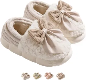 Women's Bow Slippers Cute House Slippers Bedroom Slippers Thickened Sole Indoor Bow Tie Winter Soft Fleece Plush Comfy Cotton Home Slippers with Bows Warm Fuzzy Slippers