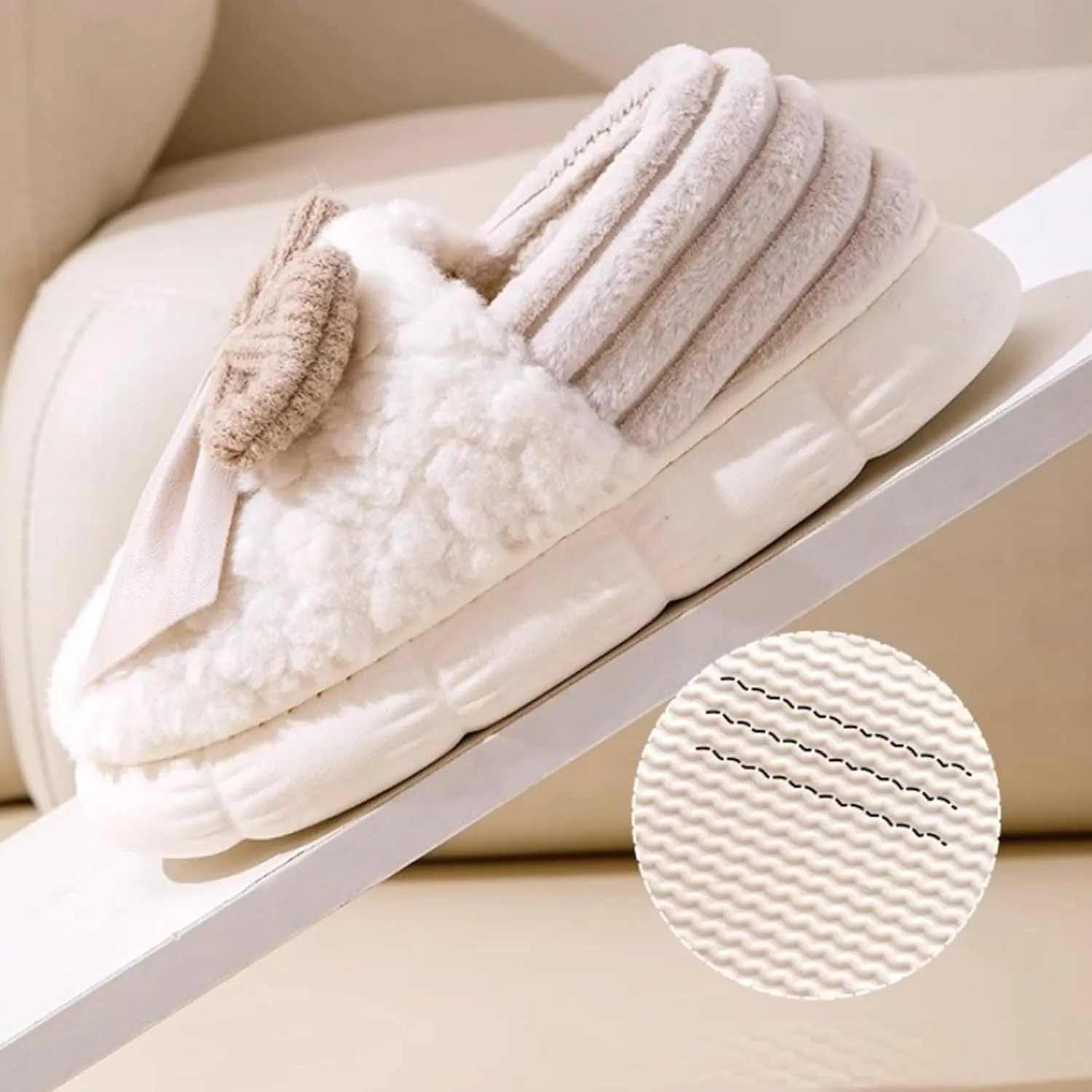 Women's Bow Slippers Cute House Slippers Bedroom Slippers Thickened Sole Indoor Bow Tie Winter Soft Fleece Plush Comfy Cotton Home Slippers with Bows Warm Fuzzy Slippers