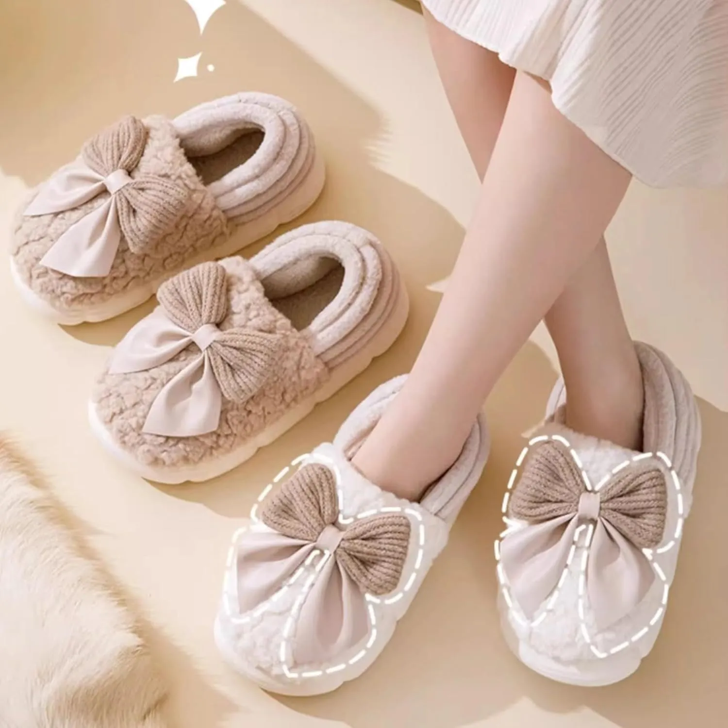 Women's Bow Slippers Cute House Slippers Bedroom Slippers Thickened Sole Indoor Bow Tie Winter Soft Fleece Plush Comfy Cotton Home Slippers with Bows Warm Fuzzy Slippers