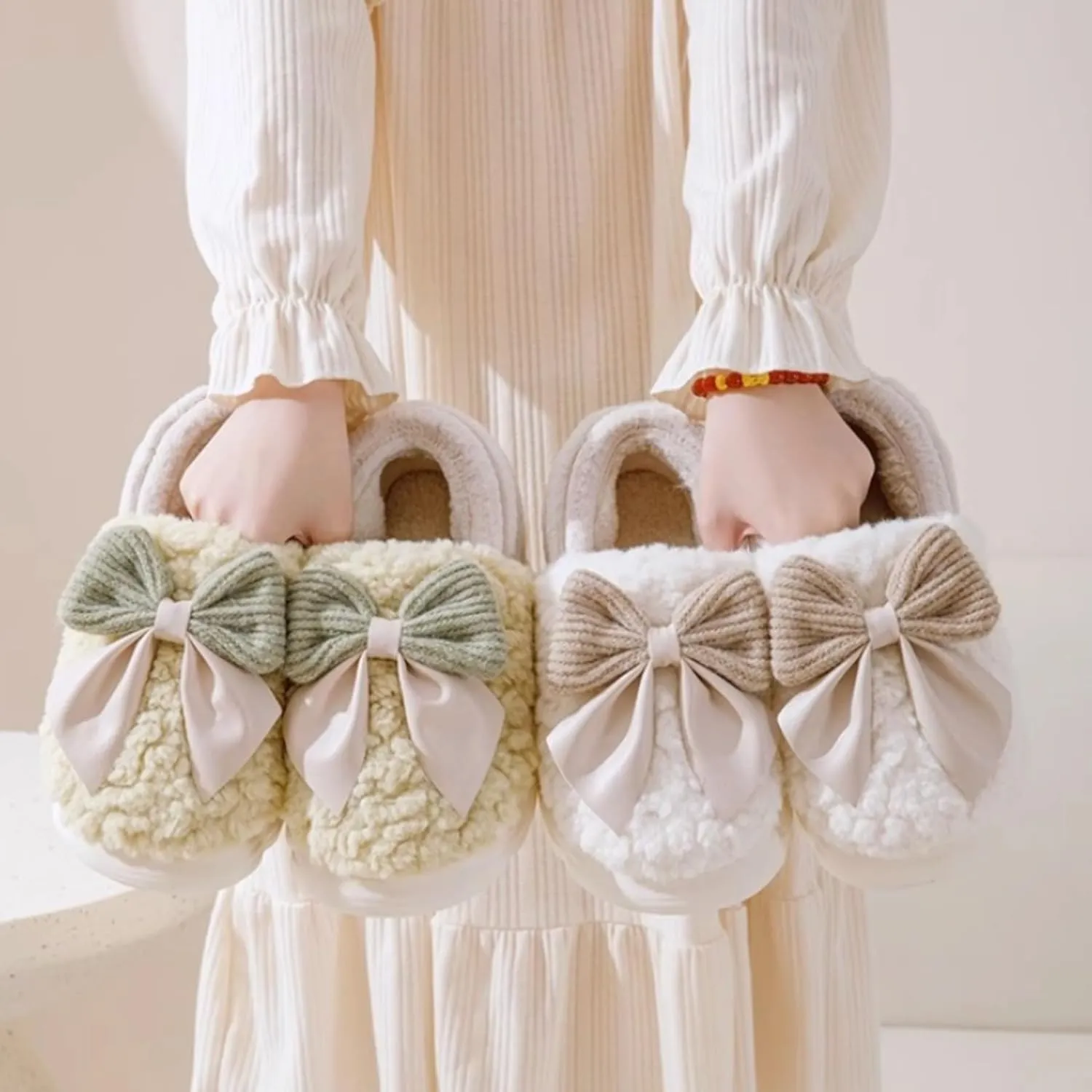 Women's Bow Slippers Cute House Slippers Bedroom Slippers Thickened Sole Indoor Bow Tie Winter Soft Fleece Plush Comfy Cotton Home Slippers with Bows Warm Fuzzy Slippers