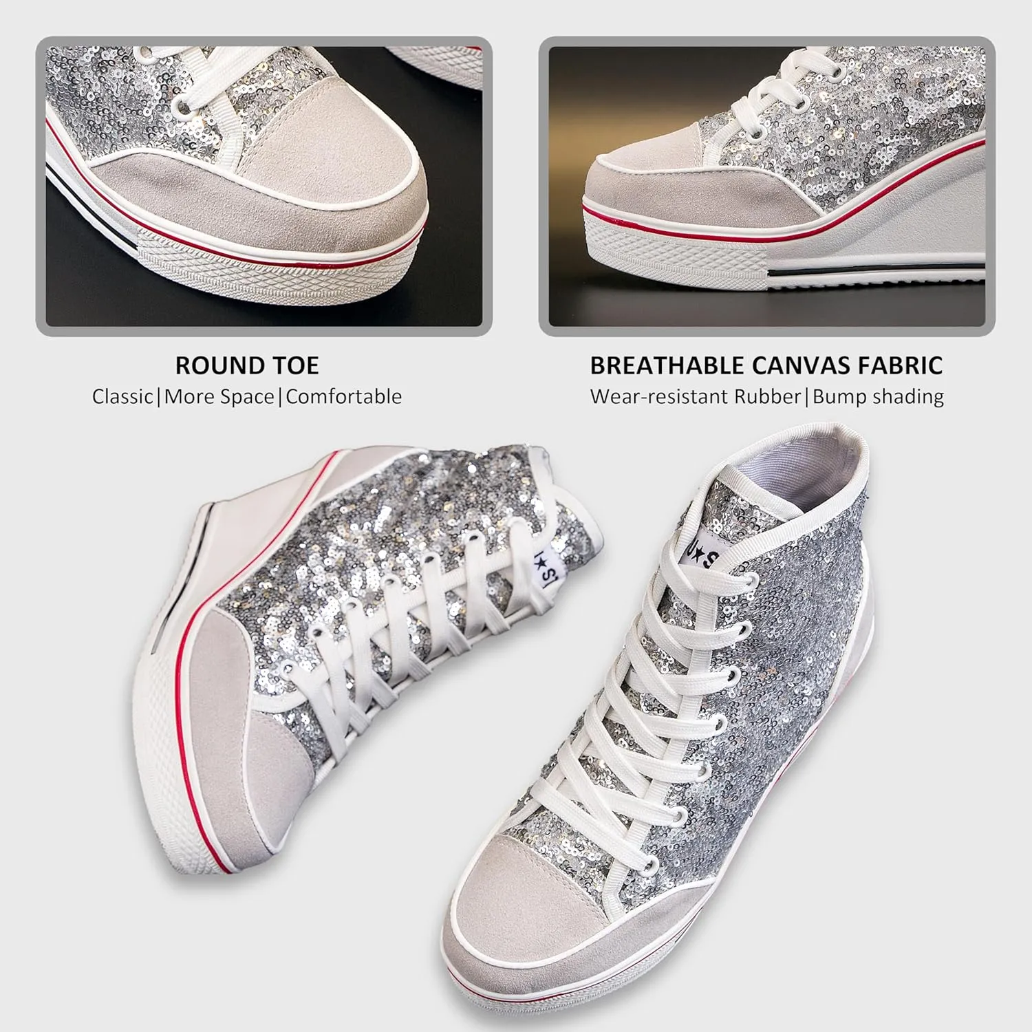 Women's Canvas High-Heeled Bling Shoes Casual Shoes Fashion Sparkling Sneakers for Walking Platform Wedges Pump Shoes