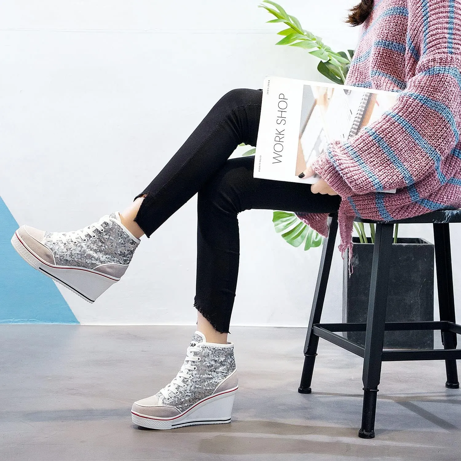 Women's Canvas High-Heeled Bling Shoes Casual Shoes Fashion Sparkling Sneakers for Walking Platform Wedges Pump Shoes