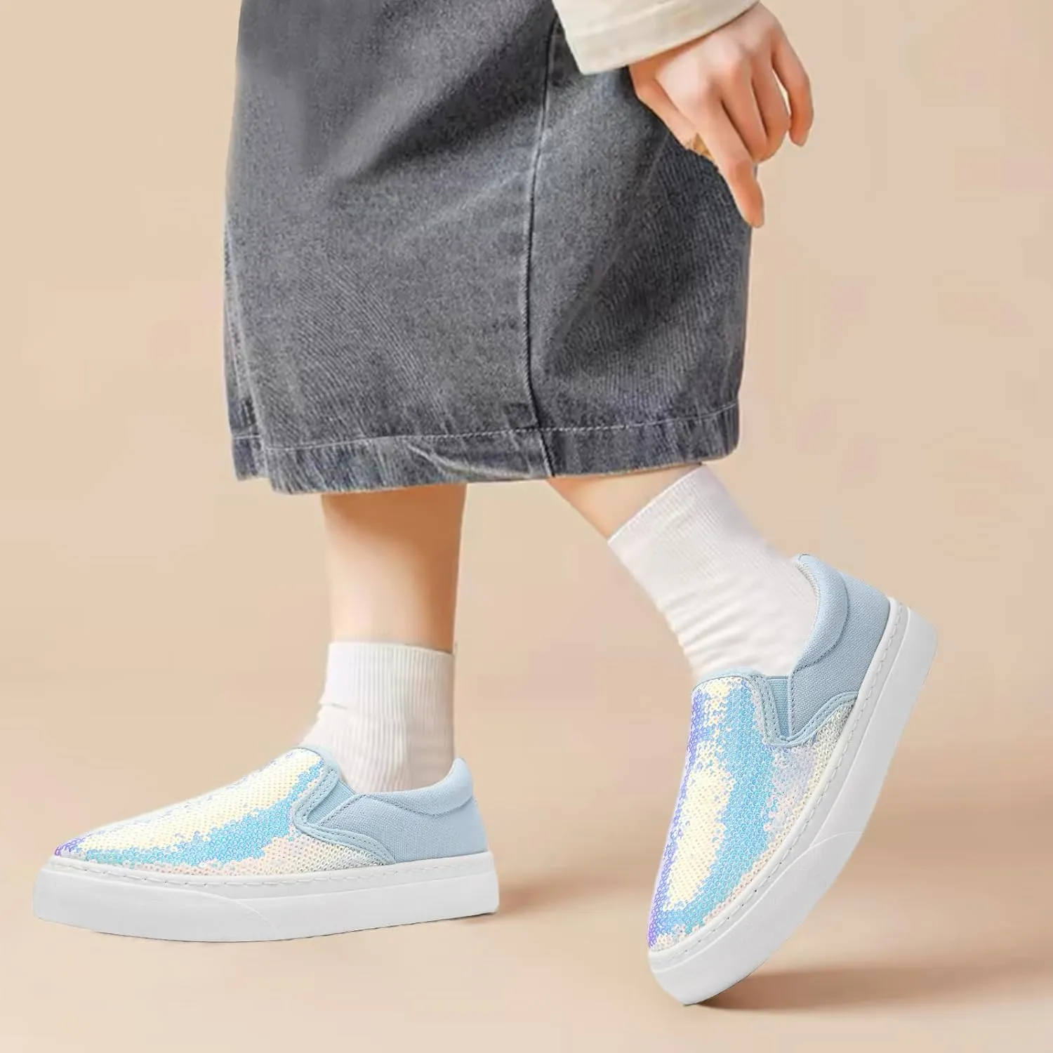 Women's Canvas Slip On Shoes Glitter Sequin Sneakers Sparkly Flat Loafers Casual Comfortable Tennis Shoes for Women
