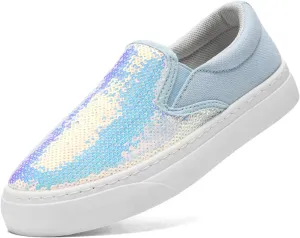 Women's Canvas Slip On Shoes Glitter Sequin Sneakers Sparkly Flat Loafers Casual Comfortable Tennis Shoes for Women