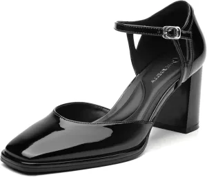 Women's Chunky Heels Mary Jane Closed Square Toe Work Pumps Shoes with Buckle Strap for Dress Wedding