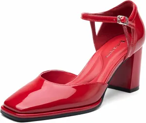 Women's Chunky Heels Mary Jane Closed Square Toe Work Pumps Shoes with Buckle Strap for Dress Wedding