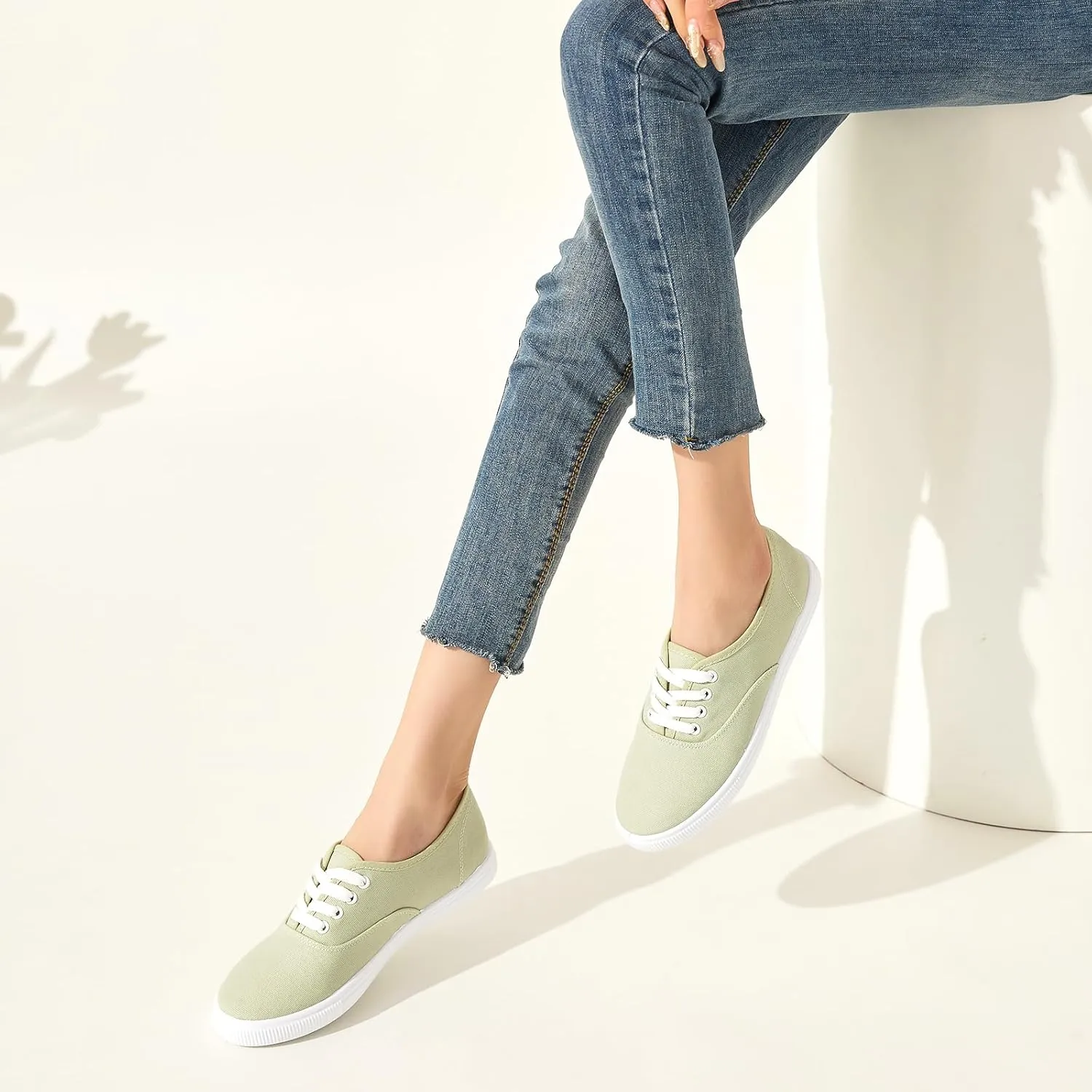 Womens Classic White Sneakers,Low Top White Canvas Shoes,Lightweight Casual Canvas Sneakers