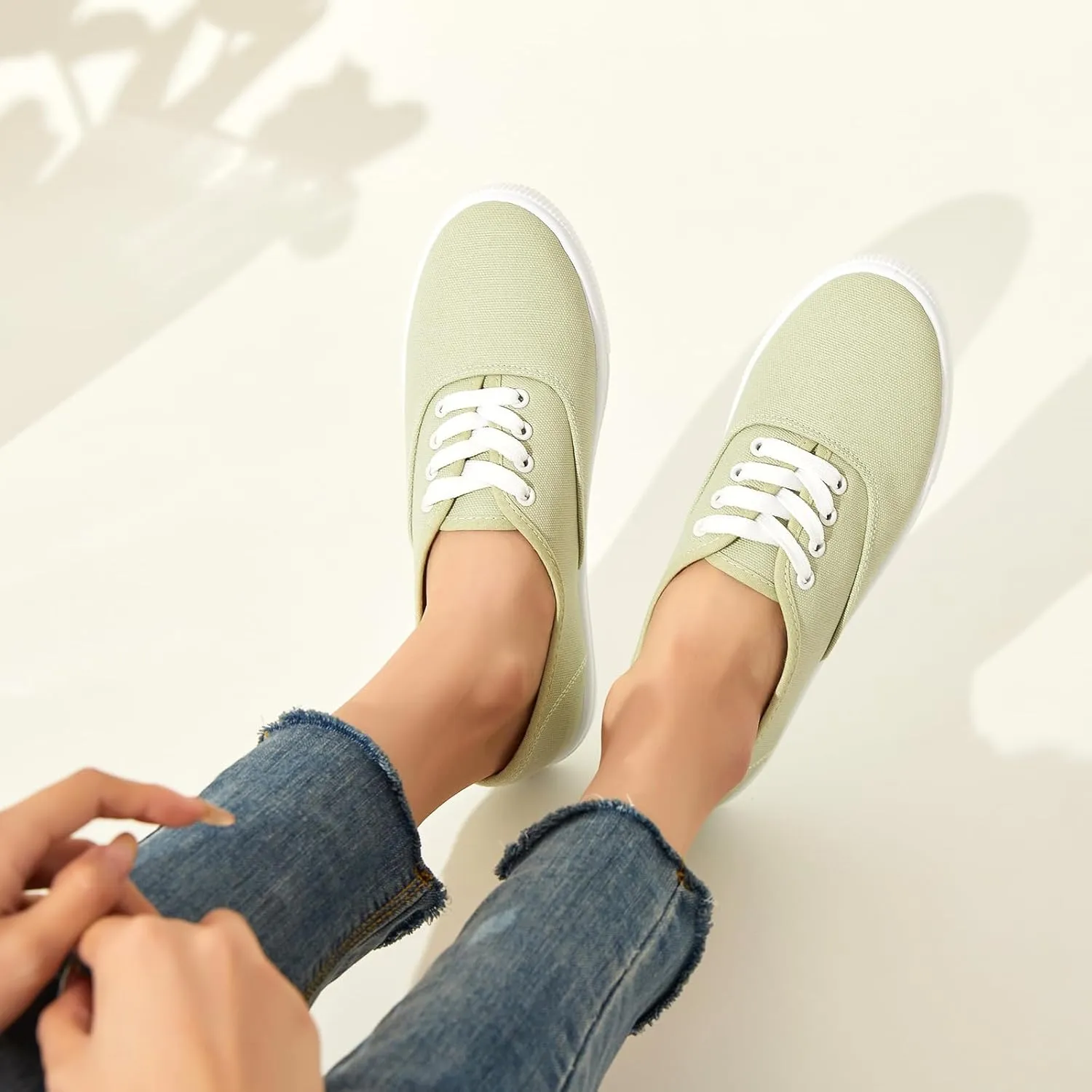 Womens Classic White Sneakers,Low Top White Canvas Shoes,Lightweight Casual Canvas Sneakers