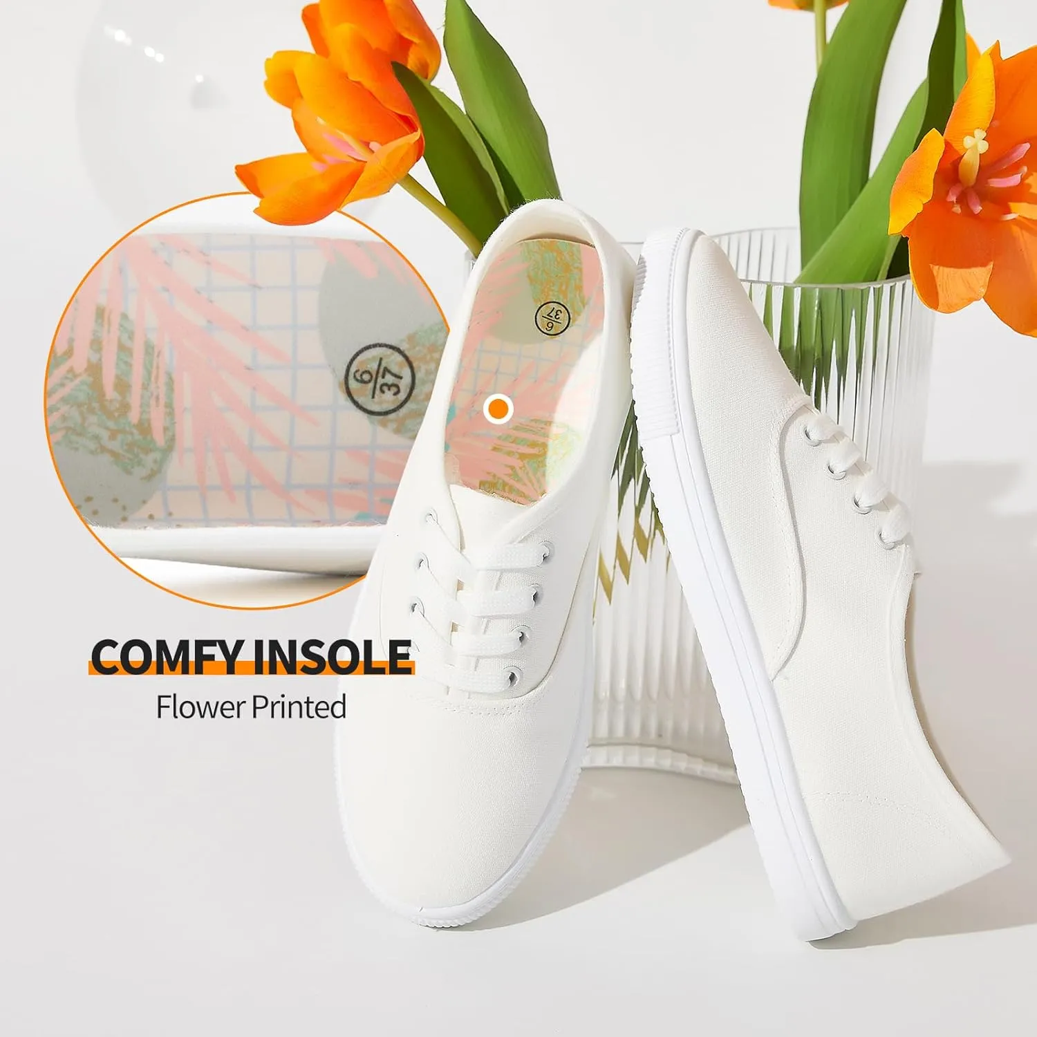 Womens Classic White Sneakers,Low Top White Canvas Shoes,Lightweight Casual Canvas Sneakers