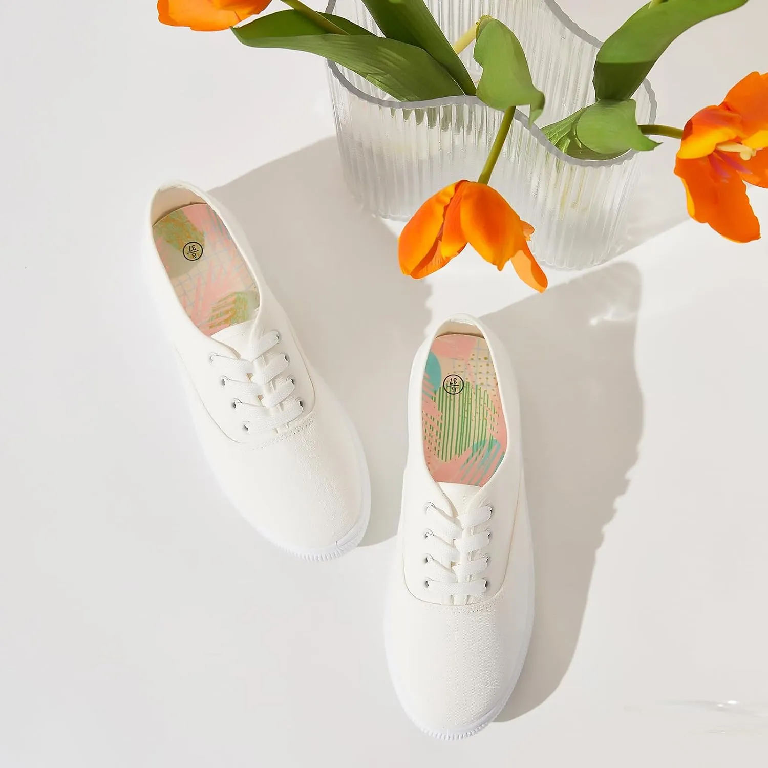 Womens Classic White Sneakers,Low Top White Canvas Shoes,Lightweight Casual Canvas Sneakers