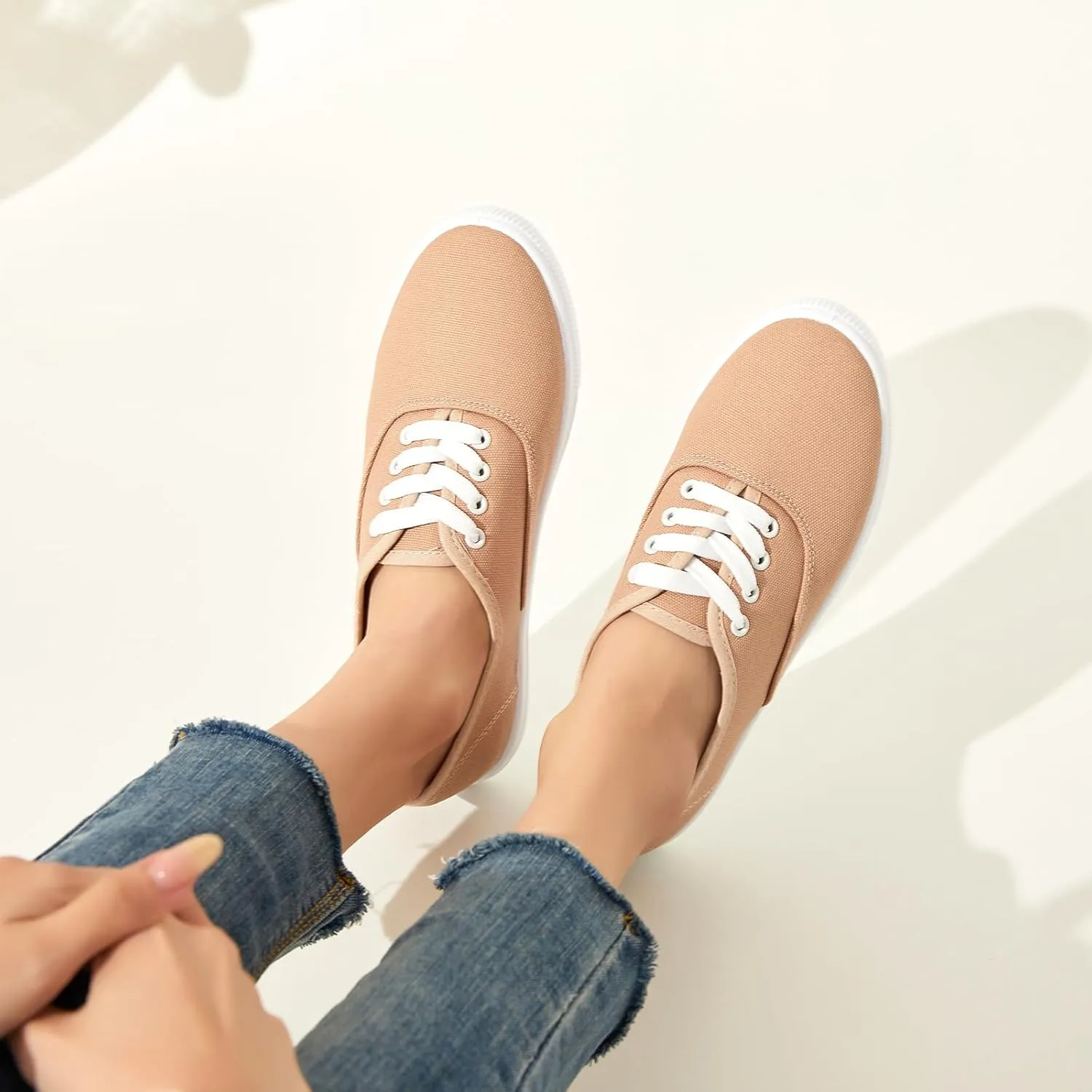 Womens Classic White Sneakers,Low Top White Canvas Shoes,Lightweight Casual Canvas Sneakers
