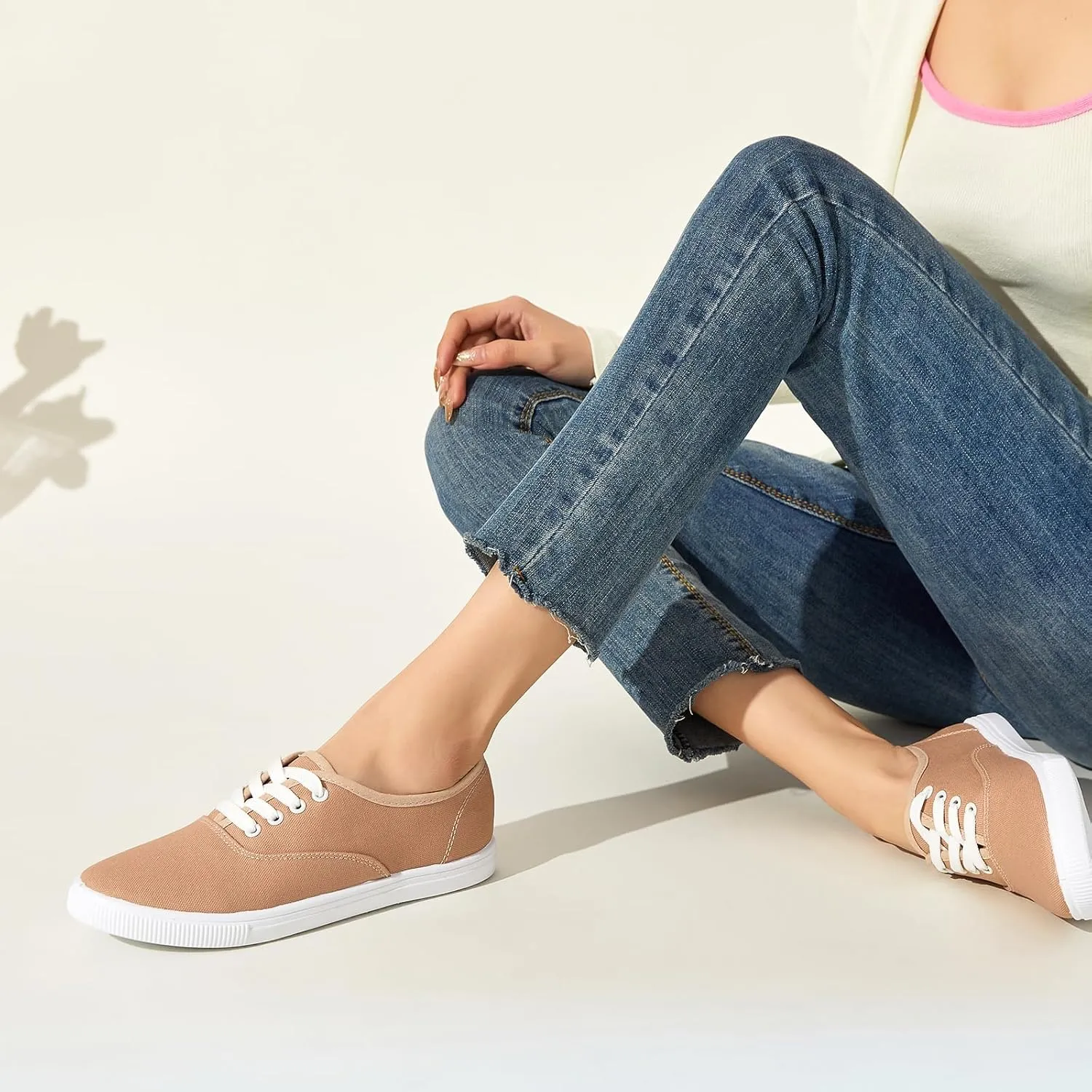 Womens Classic White Sneakers,Low Top White Canvas Shoes,Lightweight Casual Canvas Sneakers